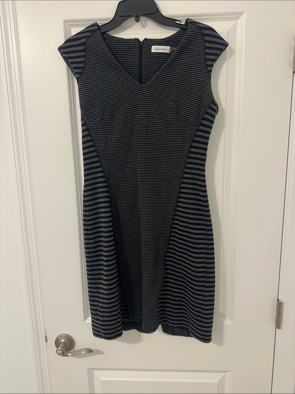 Calvin Klein Black and Gray Striped V-Neck Midi Dress